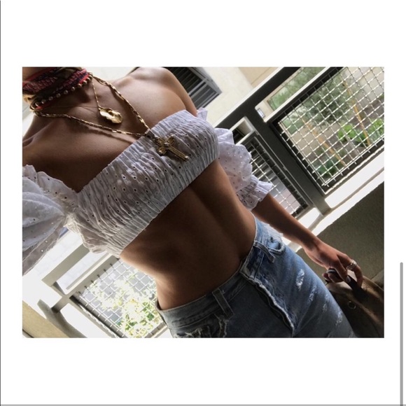 ARE YOU AM I Sappha Eyelet Top White Puff sleeve Balloon Sleeve Ruffle Bra Crop - Picture 10 of 16